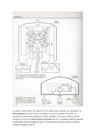 As válvulas predominaram até meados de 1947, quando foram inventado nos Laboratórios da
Bell Telephone por acaso conforme comentários ( os técnicos estavam procurando um
dispositivo de estado sólido equivalente a válvula eletrônica ) de maneira acidental durante
estudos em torno de um diodo de ponto de contato (ele tem uma pequena haste de metal que
é pressionada contra uma região do tipo N. Por um processo de fusão é criada no ponto de
contato uma região do tipo P).
 