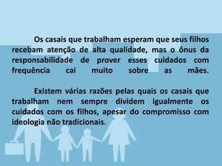 Os casais que trabalham esperam que seus filhos
recebam atenção de alta qualidade, mas o ônus da
responsabilidade de prover esses cuidados com
frequência cai muito sobre as mães.
Existem várias razões pelas quais os casais que
trabalham nem sempre dividem igualmente os
cuidados com os filhos, apesar do compromisso com
ideologia não tradicionais.
 