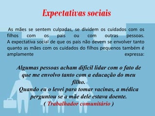 As mães se sentem culpadas, se dividem os cuidados com os
filhos com os pais ou com outras pessoas.
A expectativa social de que os pais não devem se envolver tanto
quanto as mães com os cuidados do filhos pequenos também é
amplamente expressa:
Expectativas sociais
Algumas pessoas acham difícil lidar com o fato de
que me envolvo tanto com a educação do meu
filho.
Quando eu o levei para tomar vacinas, a médica
perguntou se a mãe dele estava doente.
( Trabalhador comunitário )
 