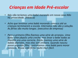 Crianças em Idade Pré-escolar
• Nós não teríamos uma babá morando em nossa casa.Não
há privacidade. (Médica)
• Acho que teremos uma babá morando conosco até as
crianças terminarem a escola. Internatos não são a solução.
As férias são muito longas. (executivo de empresa)
• Para o primeiro filho fizemos uma série de arranjos. Uma
baby-sitter,depois uma creche, mas levar o bebe todas as
manhãs era uma correria. Então tivemos uma série de
babás diaristas, mas elas iam embora. Quando nasceu
nosso segundo filho, contratamos uma babá para morar
conosco. Nossa vida ficou muito mais fácil.
 