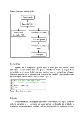 Etapas de projeto usando VHDL:




Comentários:

       Apesar de o compilador ignorar todo o texto que está escrito como
comentário, os comentários tem uma grande importância durante o projeto. Com
comentários e um pouco de bom senso é possível criar um código limpo e legível.
Diferentemente de outras linguagens de programação, na VHDL os comentários são
escritos depois de dois traços como mostra a Figura 1.




Figura 1. Exemplo de comentário.




Entidade:

       Uma entidade de projeto pode representar uma simples porta lógica como um
sistema completo e é composta de duas partes: declaração da entidade e
arquitetura. A declaração da entidade define a interface com o ambiente exterior,
 