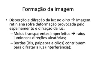 Formação da imagem Disperção e difração da luz no olho    Imagem retiniana sofre deformação provocada pelo espelhamento e difraçao da luz: Meios transparentes imperfeitos    raios luminosos direções aleatórias; Bordas (iris, palpebra e cílios) contribuem para difratar a luz (interferência); 