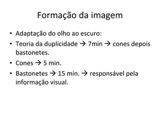 Formação da imagem Adaptação do olho ao escuro: Teoria da duplicidade    7min    cones depois bastonetes. Cones    5 min. Bastonetes    15 min.    responsável pela informação visual. 