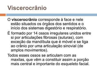 Viscerocrânio
O viscerocrânio corresponde à face e nele
estão situados os órgãos dos sentidos e o
início dos sistemas digestório e respiratório.
É formado por 14 ossos irregulares unidos entre
si por articulações fibrosas (suturas), com
exceção da mandíbula que é móvel e se liga
ao crânio por uma articulação sinovial (de
amplos movimentos).
Todos esses ossos se articulam com as
maxilas, que vêm a constituir assim a porção
mais central e importante do esqueleto facial.
 