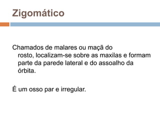 Zigomático
Chamados de malares ou maçã do
rosto, localizam-se sobre as maxilas e formam
parte da parede lateral e do assoalho da
órbita.
É um osso par e irregular.
 