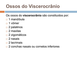Ossos do Viscerocrânio
Os ossos do viscerocrânio são constituidos por:
 1 mandíbula
 1 vômer
 2 palatinos
 2 maxilas
 2 zigomáticos
 2 nasais
 2 lacrimais
 2 conchas nasais ou cornetos inferiores
 