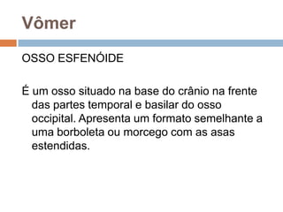 Vômer
OSSO ESFENÓIDE
É um osso situado na base do crânio na frente
das partes temporal e basilar do osso
occipital. Apresenta um formato semelhante a
uma borboleta ou morcego com as asas
estendidas.
 