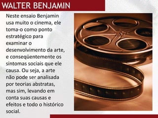 Neste ensaio Benjamin usa muito o cinema, ele  toma-o como ponto estratégico para examinar o desenvolvimento da arte, e conseqüentemente os sintomas sociais que ele causa. Ou seja, a arte não pode ser analisada por teorias abstratas, mas sim, levando em conta suas causas e efeitos e todo o histórico social.