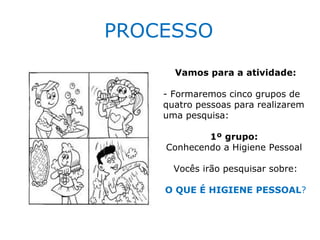 PROCESSO
      Vamos para a atividade:

    - Formaremos cinco grupos de
    quatro pessoas para realizarem
    uma pesquisa:

            1º grupo:
    Conhecendo a Higiene Pessoal

      Vocês irão pesquisar sobre:

    O QUE É HIGIENE PESSOAL?
 