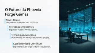 O Futuro da Phoenix
Forge Games
Novos Títulos
Lançamentos planejados para 2025-2026.
Mercados Emergentes
Expansão forte na América Latina.
Tecnologias Avançadas
Investimento em inovação de próxima geração.
Compromisso Contínuo
Experiências de jogo sempre inovadoras.
 