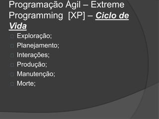 Programação Ágil – Extreme 
Programming [XP] – Ciclo de 
Vida 
Exploração; 
Planejamento; 
Interações; 
Produção; 
Manutenção; 
Morte; 
 