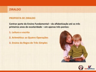 Centrar parte do Ensino Fundamental – da alfabetização até os três primeiros anos de escolaridade – em apenas três pontos: PROPOSTA DE ZIRALDO ZIRALDO 1.  Leitura e escrita 2.  Aritmética: as Quatro Operações 3.  Ensino da Regra de Três Simples 