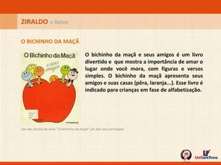 O bichinho da maçã e seus amigos é um livro divertido e  que mostra a importância de amar o lugar onde você mora, com figuras e versos simples. O bichinho da maçã apresenta seus amigos e suas casas (pêra, laranja...). Esse livro é indicado para crianças em fase de alfabetização.   Um dos títulos da série "O bichinho da maçã" um dos seus principais  O BICHINHO DA MAÇÃ ZIRALDO  » livros 