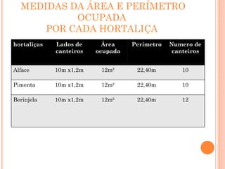 MEDIDAS DA ÁREA E PERÍMETRO OCUPADA  POR CADA HORTALIÇA  hortaliças Lados de canteiros Área ocupada Perímetro Numero de canteiros Alface  10m x1,2m 12m² 22,40m 10 Pimenta  10m x1,2m 12m² 22,40m 10 Berinjela 10m x1,2m 12m² 22,40m 12 