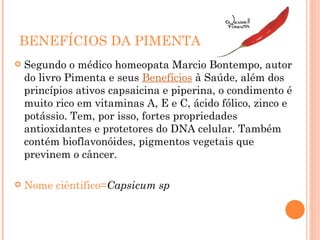BENEFÍCIOS DA PIMENTA Segundo o médico homeopata Marcio Bontempo, autor do livro Pimenta e seus  Benefícios  à Saúde, além dos princípios ativos capsaicina e piperina, o condimento é muito rico em vitaminas A, E e C, ácido fólico, zinco e potássio. Tem, por isso, fortes propriedades antioxidantes e protetores do DNA celular. Também contém bioflavonóides, pigmentos vegetais que previnem o câncer. Nome ciêntifico= Capsicum sp 