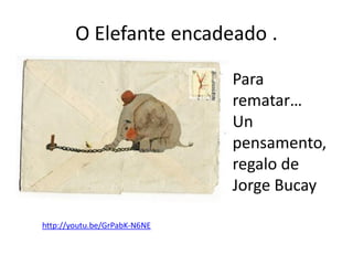 O Elefante encadeado .
http://youtu.be/GrPabK-N6NE
Para
rematar…
Un
pensamento,
regalo de
Jorge Bucay
 