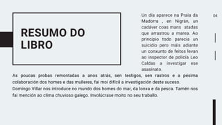 RESUMO DO
LIBRO
Un día aparece na Praia da
Madorra , en Nigrán, un
cadáver coas mans atadas
que arrastrou a marea. Ao
prin...