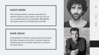 07
DIEGO NEIRA
Fillo de Rebeca Neira, a muller asasinada por
Valverde. Busca a quen matou a súa nai e por iso
vive na alde...