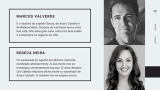 08
MARCOS VALVERDE
É o asasino do capitán Sousa, de Xusto Castelo e
de Rebeca Neira. Despois do naufraxio levou unha
boa v...