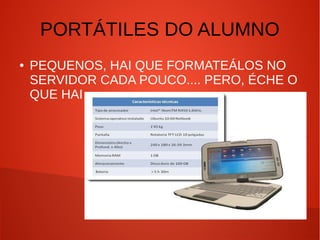 PORTÁTILES DO ALUMNO
● PEQUENOS, HAI QUE FORMATEÁLOS NO
SERVIDOR CADA POUCO.... PERO, ÉCHE O
QUE HAI