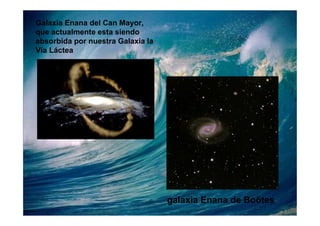 Galaxia Enana del Can Mayor,
que actualmente esta siendo
absorbida por nuestra Galaxia la
Vía Láctea




                                   galaxia Enana de Boötes
 
