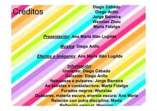 Diego Cabado
Créditos                          Diego Anllo
                                 Jorge Barreira
                                 Wenxiao Zhou
                                 Marta Fidalgo

         Presentación: Ana María Illán Lugilde

                 Música: Diego Anllo

      Efectos e imágenes: Ana María Illán Lugilde

                    Información:
                  Unvierso: Diego Cabado
                   Galaxias: Diego Anllo
           Nebulosas e pulsares: Jorge Barreira
         As estrelas e constelacións: Marta Fidalgo
                 Furados negros: Wenxiao
     Quásares, materia escura, enerxía escura: Ana María
            Relación con outra disciplina: Marta
                Reflexión persoal: Wenxiao
 