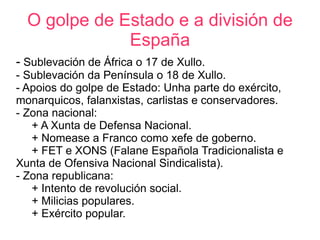 O golpe de Estado e a división de
              España
- Sublevación de África o 17 de Xullo.
- Sublevación da Península o 18 de Xullo.
- Apoios do golpe de Estado: Unha parte do exército,
monarquicos, falanxistas, carlistas e conservadores.
- Zona nacional:
   + A Xunta de Defensa Nacional.
   + Nomease a Franco como xefe de goberno.
   + FET e XONS (Falane Española Tradicionalista e
Xunta de Ofensiva Nacional Sindicalista).
- Zona republicana:
   + Intento de revolución social.
   + Milicias populares.
   + Exército popular.
 
