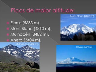 Mont Blanc (4810 m).


 Elbrus (5633 m).
 Mont Blanc (4810 m).
 Mulhacén (3482 m).
 Aneto (3404 m).
    Mulhacén (3482 m).
                             Elbrus (5633 m).
 