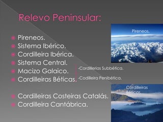 Pireneos.
   Pireneos.
   Sistema Ibérico.
   Cordilleira Ibérica.
   Sistema Central.
                          -Cordillerias Subbética.
   Macizo Galaico.
   Cordilleiras Béticas. -Codilleira Penibética.
                                                     Cordilleiras
                                                     Béticas.
 Cordilleiras Costeiras Catalás.
 Cordilleira Cantábrica.
 