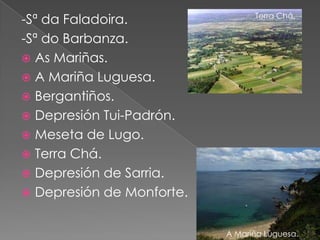-Sª da Faladoira.                Terra Chá.


-Sª do Barbanza.
 As Mariñas.
 A Mariña Luguesa.
 Bergantiños.
 Depresión Tui-Padrón.
 Meseta de Lugo.
 Terra Chá.
 Depresión de Sarria.
 Depresión de Monforte.


                           A Mariña Luguesa.
 