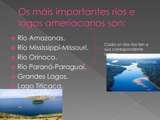  Río Amazonas.
                              Cada un dos ríos ten a
 Río Mississippi-Missouri.   súa correspondente
                              cunca.
 Río Orinoco.                               Río
                                             Amazonas.
 Río Paraná-Paraguai.
 Grandes Lagos.
 Lago Titicaca.
          Lago
          Titicaca.
 