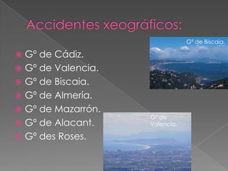 Gº de Biscaia.

 Gº de Cádiz.
 Gº de Valencia.
 Gº de Biscaia.
 Gº de Almería.
 Gº de Mazarrón.
                    Gº de
 Gº de Alacant.    Valencia.

 Gº des Roses.
 