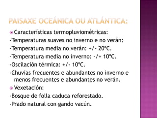  Característicastermopluviométricas:
-Temperaturas suaves no inverno e no verán:
-Temperatura media no verán: +/- 20ºC.
-Temperatura media no inverno: -/+ 10ºC.
-Oscilación térmica: +/- 10ºC.
-Chuvias frecuentes e abundantes no inverno e
  menos frecuentes e abundantes no verán.
 Vexetación:
-Bosque de folla caduca reforestado.
-Prado natural con gando vacún.
 