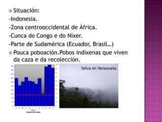  Situación:
-Indonesia.
-Zona centrooccidental de África.
-Cunca do Congo e do Níxer.
-Parte de Sudamérica (Ecuador, Brasil…)
 Pouca poboación.Pobos indíxenas que viven
  da caza e da recolección.
                          Selva en Venezuela.
 