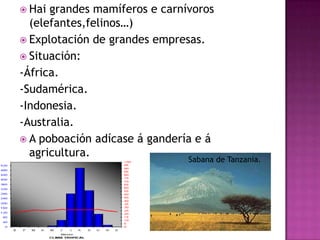  Hai grandes mamíferos e carnívoros
  (elefantes,felinos…)
 Explotación de grandes empresas.
 Situación:
-África.
-Sudamérica.
-Indonesia.
-Australia.
 A poboación adícase á gandería e á
  agricultura.
                               Sabana de Tanzania.
 