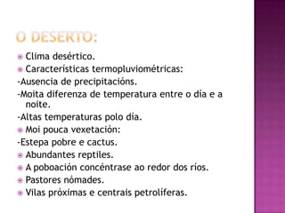  Clima desértico.
 Características termopluviométricas:
-Ausencia de precipitacións.
-Moita diferenza de temperatura entre o día e a
  noite.
-Altas temperaturas polo día.
 Moi pouca vexetación:
-Estepa pobre e cactus.
 Abundantes reptiles.
 A poboación concéntrase ao redor dos ríos.
 Pastores nómades.
 Vilas próximas e centrais petrolíferas.
 