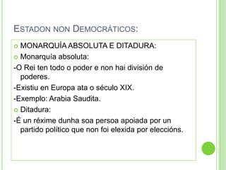 ESTADON NON DEMOCRÁTICOS:
 MONARQUÍA ABSOLUTA E DITADURA:
 Monarquía absoluta:

-O Rei ten todo o poder e non hai división de
  poderes.
-Existiu en Europa ata o século XIX.
-Exemplo: Arabia Saudita.
 Ditadura:

-É un réxime dunha soa persoa apoiada por un
  partido político que non foi elexida por eleccións.
 