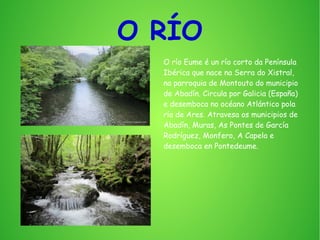 O RÍO
O río Eume é un río corto da Península
Ibérica que nace na Serra do Xistral,
na parroquia de Montouto do municipio
de Abadín. Circula por Galicia (España)
e desemboca no océano Atlántico pola
ría de Ares. Atravesa os municipios de
Abadín, Muras, As Pontes de García
Rodríguez, Monfero, A Capela e
desemboca en Pontedeume.
 