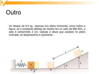 Outro Un bloque de 0.5 kg  repousa nun plano horizontal, como indica a figura; se a constante elástica do resorte ten un valor de 800 N/m, e este é comprimido 2 cm. Calcula a altura que acadará no plano inclinado, se desprezamos o rozamento. 
