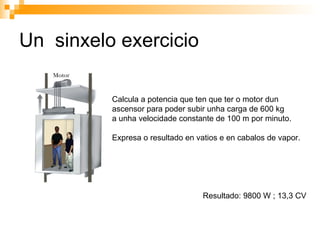 Un  sinxelo exercicio Calcula a potencia que ten que ter o motor dun  ascensor para poder subir unha carga de 600 kg a unha velocidade constante de 100 m por minuto. Expresa o resultado en vatios e en cabalos de vapor. Resultado: 9800 W ; 13,3 CV 