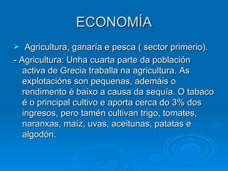 ECONOMÍA Agricultura, ganaría e pesca ( sector primerio). - Agricultura: Unha cuarta parte da población activa de Grecia traballa na agricultura. As explotacións son pequenas, ademáis o rendimento é baixo a causa da sequía. O tabaco é o principal cultivo e aporta cerca do 3% dos ingresos, pero tamén cultivan trigo, tomates, naranxas, maíz, uvas, aceitunas, patatas e algodón.  