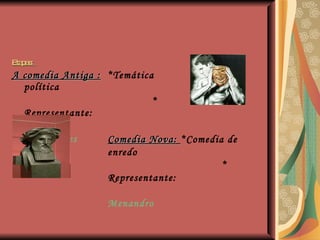 Etapas:  A comedia Antiga :   *Temática política  * Representante: Aristófanes Comedia Nova:  *Comedia de enredo * Representante: Menandro 