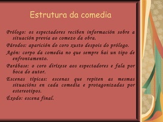 Estrutura da comedia Prólogo: os espectadores reciben información sobre a situación previa ao comezo da obra. Párodos: aparición do coro xusto despois do prólogo. Agón: corpo da comedia no que sempre hai un tipo de enfrontamento. Parábase: o coro diríxese aos espectadores e fala por boca do autor. Escenas típicas: escenas que repiten as mesmas situacións en cada comedia e protagonizadas por estereotipos. Éxodo: escena final. 