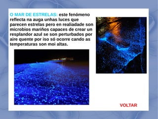 O MAR DE ESTRELAS: este fenómeno
reflecta na auga unhas luces que
parecen estrelas pero en realiadade son
microbios mariños capaces de crear un
resplandor azul se son perturbados por
aire quente por iso só ocorre cando as
temperaturas son moi altas.
VOLTAR
 