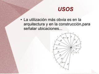 USOS 
● La utilización más obvia es en la 
arquitectura y en la construcción,para 
señalar ubicaciones... 
 