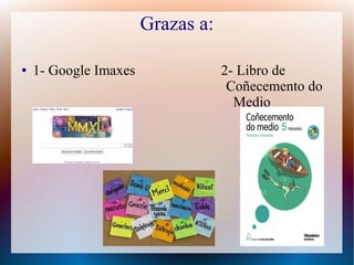Grazas a:
● 1- Google Imaxes 2- Libro de
Coñecemento do
Medio
 