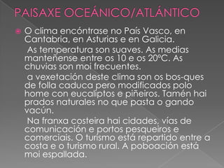 

O clima encóntrase no País Vasco, en
Cantabria, en Asturias e en Galicia.
As temperatura son suaves. As medias
manteñense entre os 10 e os 20ºC. As
chuvias son moi frecuentes.
a vexetación deste clima son os bos-ques
de folla caduca pero modificados polo
home con eucaliptos e piñeiros. Tamén hai
prados naturales no que pasta o gando
vacún.
Na franxa costeira hai cidades, vías de
comunicación e portos pesqueiros e
comerciais. O turismo está repartido entre a
costa e o turismo rural. A poboación está
moi espallada.

 