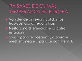 Van dende as rexións cálidas (os
trópicos) ata as rexións frías.
 Nesta zona diferencianse as catro
estacións
 Son: a paisaxe oceánica, a paisaxe
mediterránea e a paisaxe continental.


 