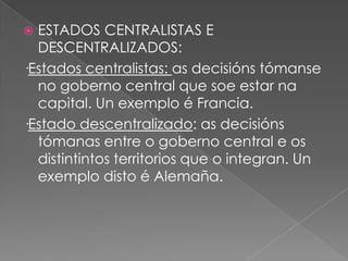 ESTADOS CENTRALISTAS E
DESCENTRALIZADOS:
·Estados centralistas: as decisións tómanse
no goberno central que soe estar na
capital. Un exemplo é Francia.
·Estado descentralizado: as decisións
tómanas entre o goberno central e os
distintintos territorios que o integran. Un
exemplo disto é Alemaña.


 