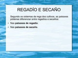 REGADÍO E SECAÑO
    Segundo os sistemas de rega dos cultivos, as paisaxes
    pódense diferenciar entre regadíos e secaños:
●   Nas paisaxes de regadío.
●   Nas paisaxes de secaño.
 
